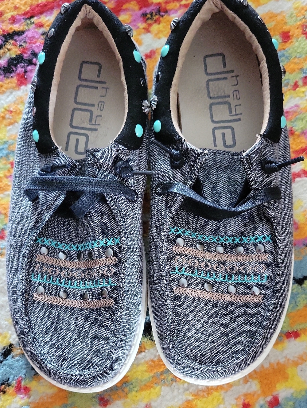 Hey Dude Womens Gray Canvas Slip-On Sneakers with Aqua and Tan Stitching